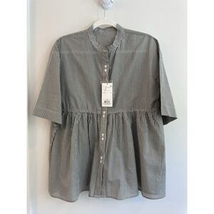 Dessin Cotton Peplum Striped Button Down Minimalist Top Japan Size M NWT